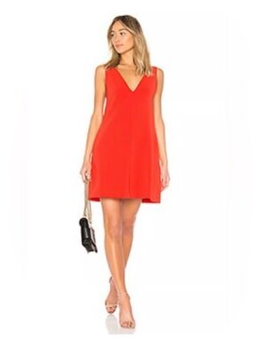 Theory Red V-Neck Shift Mini Dress Admiral Crepe Sleeveless Pockets Size Small